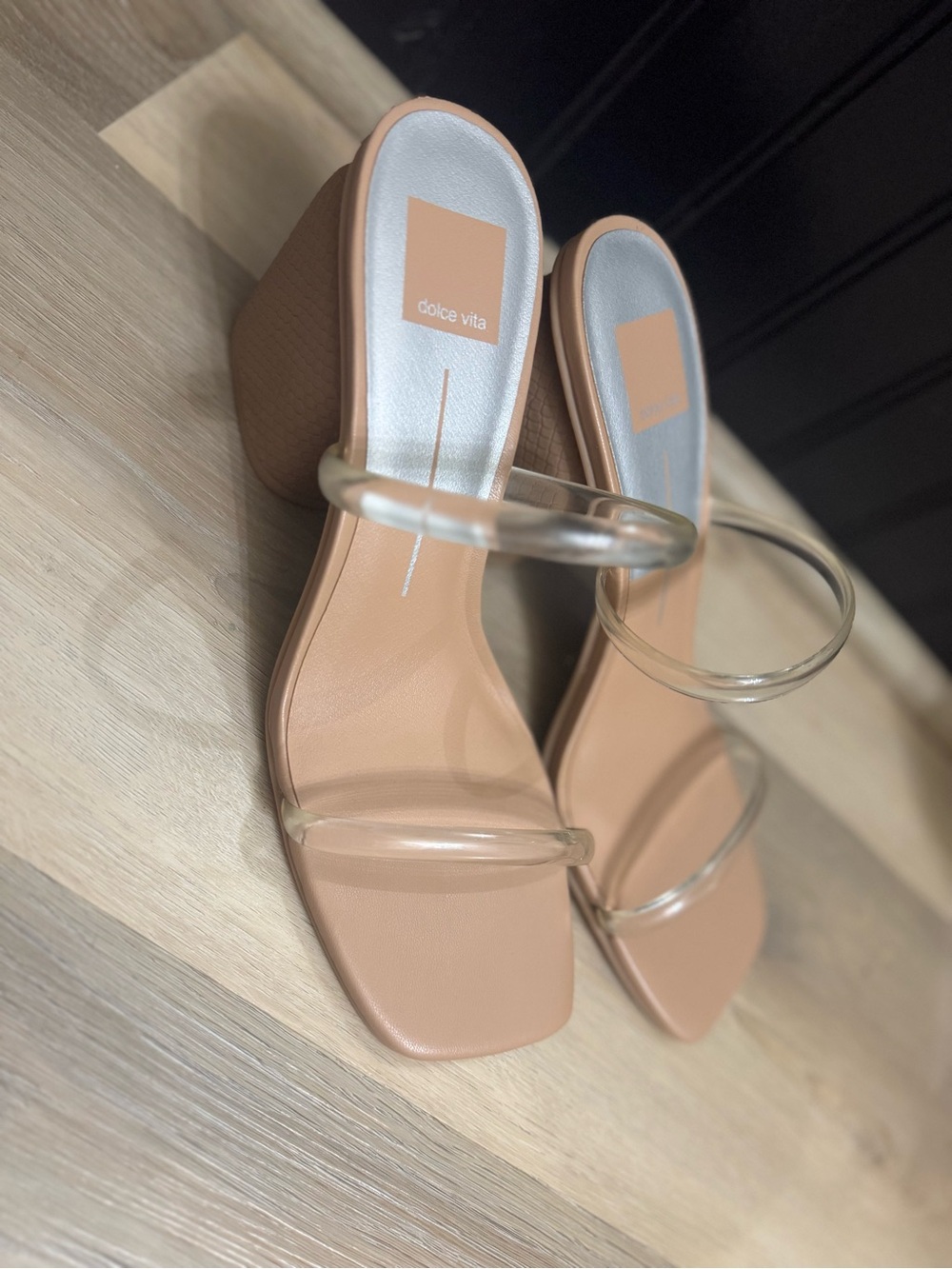 Dolce Vita Tan Block Heel Sandal with Clear Double Straps